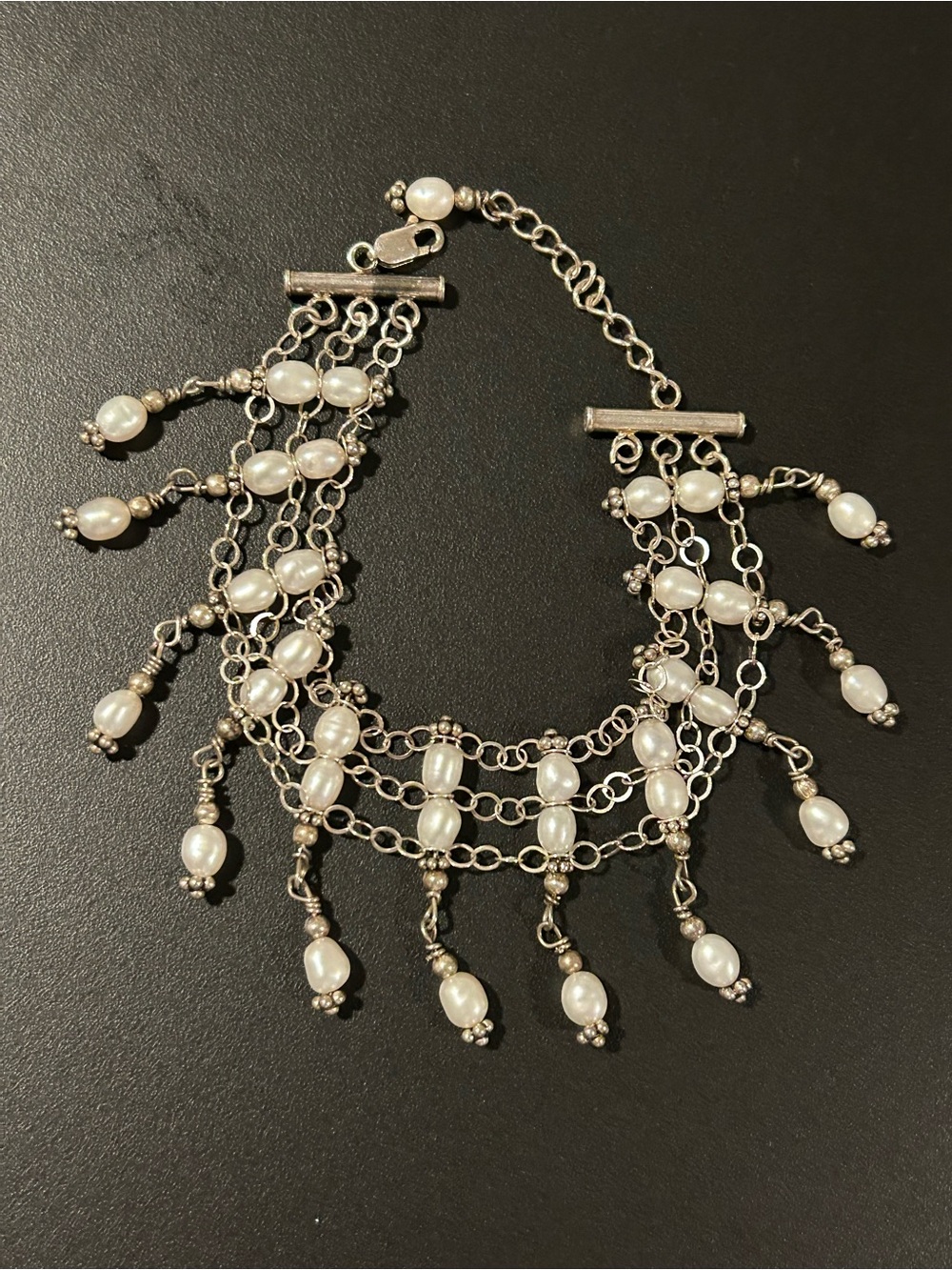 Pearl Cascade Multi-Strand Silver Bracelet